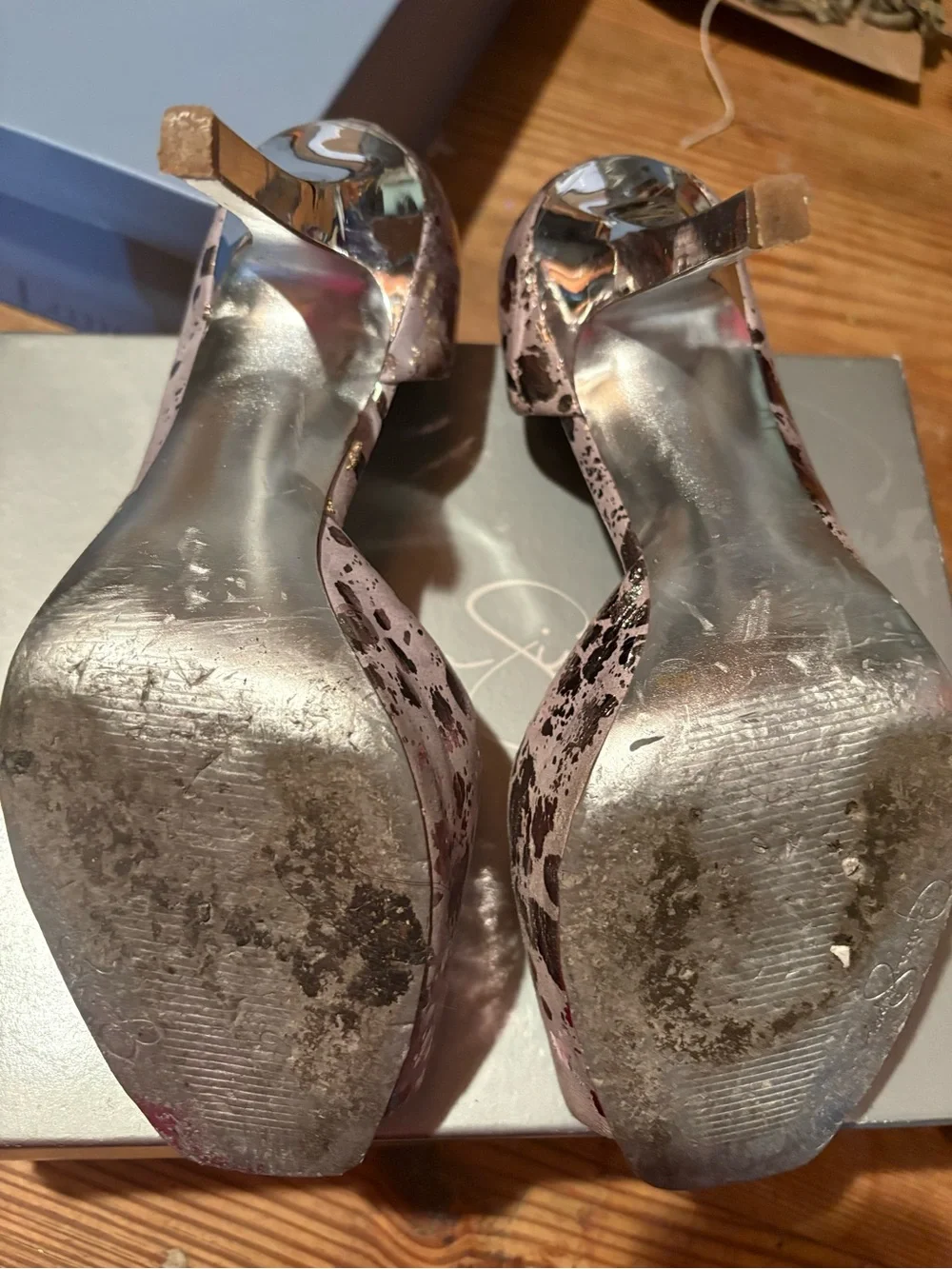 Jessica Simpson Metallic Pink Peep-Toe Heels with Black Splatter